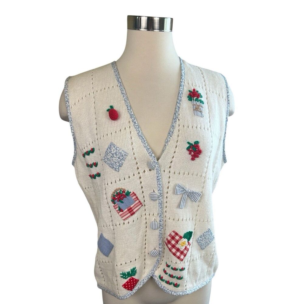 Susan Bristol VTG Gardening Novelty Ramie Vest Cottagecore Sz L Red White Blue